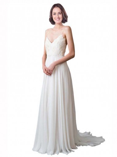 Sleeveless V-Neck Soft Chiffon & Lace Ivory Chapel Train Beach Wedding Dress Bath