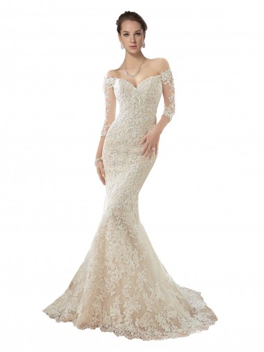 Long Sleeves Off the Shoulder Tulle & Lace Ivory & Champagne Chapel Train Wedding Dress Bath