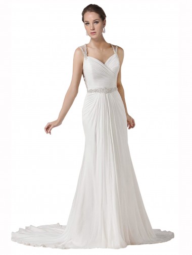 Sleeveless Sweetheart Soft Chiffon White Chapel Train Beach Wedding Dress Bath