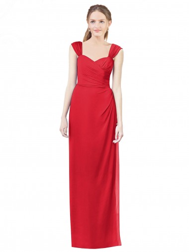 Cap Sleeves Sweetheart Soft Chiffon Red Long Formal Dress / Bridesmaid Dress Bath