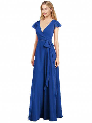 Flutter Sleeves V-Neck Lxue Chiffon Royal Blue Long Bridesmaid Dress Bath