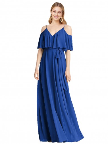 Cold Shoulder V-Neck Chiffon Royal Blue Long Bridesmaid Dress Bath