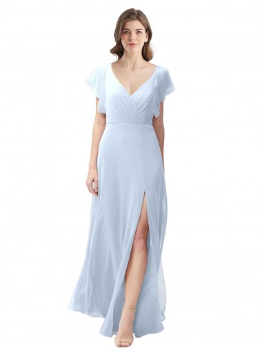 Flutter Sleeves V-Neck Soft Chiffon Light Sky Blue Long Bridesmaid Dress / Formal Dress Bath