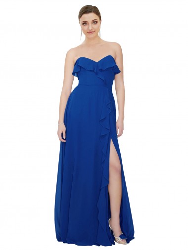 Sleeveless Strapless Soft Chiffon Royal Blue A-Line Long Bridesmaid Dress Bath