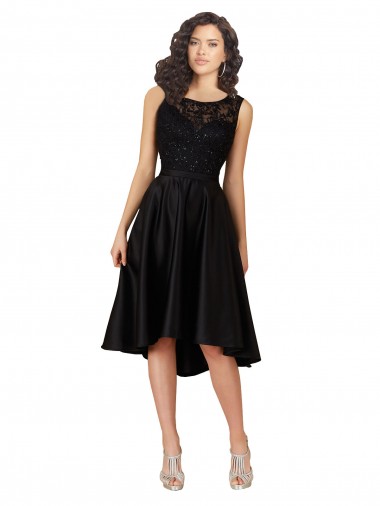 Sleeveless Illusion Neck Satin & Lace Black Midi Length High Low Bridesmaid Dress Bath