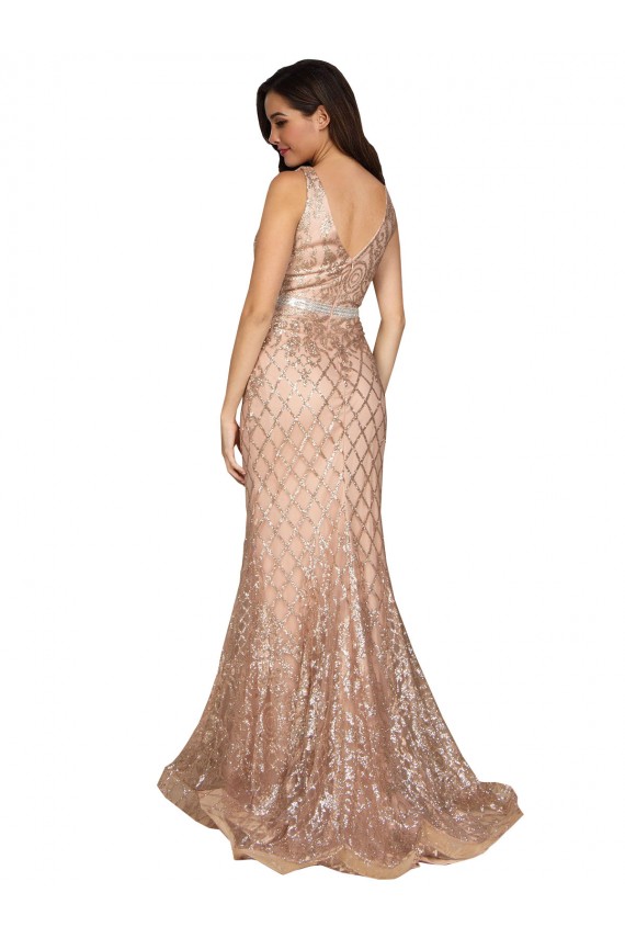 Sleeveless V-Neck Sequin & Sparkling Sequin Rose Gold Long Formal Plus Size Evening Gown / Prom Dress / Bridesmaid Dress Bath