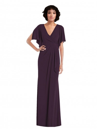 Split Sleeves V-Neck Spandex Grape Long Formal Evening Gown / Prom Dress / Bridesmaid Dress Bath