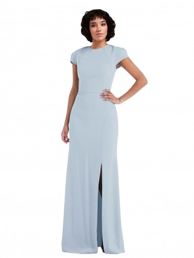 Cap Sleeves Jewel Neck Stretch Crepe Light Sky Blue Long Semi Formal Evening Dress / Bridesmaid Dress Bath