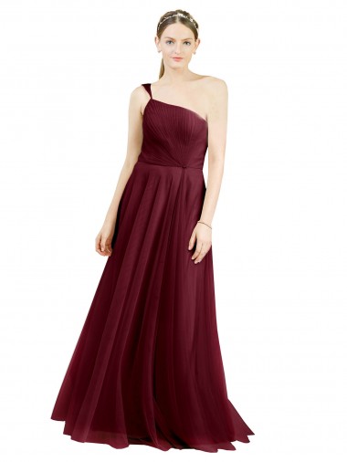 Sleeveless One Shoulder Tulle Burgundy Long Semi Formal Evening Dress / Bridesmaid Dress Bath