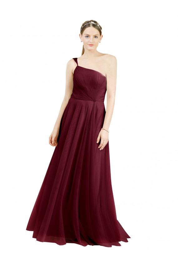 Sleeveless One Shoulder Tulle Burgundy Long Semi Formal Evening Dress / Bridesmaid Dress Bath