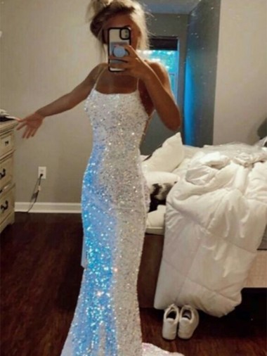Sleeveless Spaghetti Straps Velvet Sequin Shown Color Sweep Train Evening Dress Bath