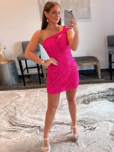 Sleeveless One Shoulder Velvet Sequin Fuchsia Short Prom Dresses Bath