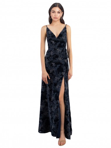 Sleeveless V-Neck Floral Velvet & Stretch Velvet Dark Navy Long Bridesmaid Dress Bath