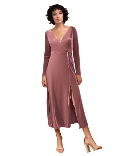 Long Sleeves V-Neck Stretch Velvet Cinnamon Rose Midi Length Black Tie Prom Dress / Bridesmaid Dress Bath