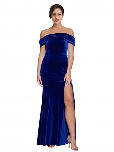 Sleeveless Off the Shoulder Stretch Velvet Royal Blue Long Formal Evening Gown / Prom Dress / Bridesmaid Dress Bath